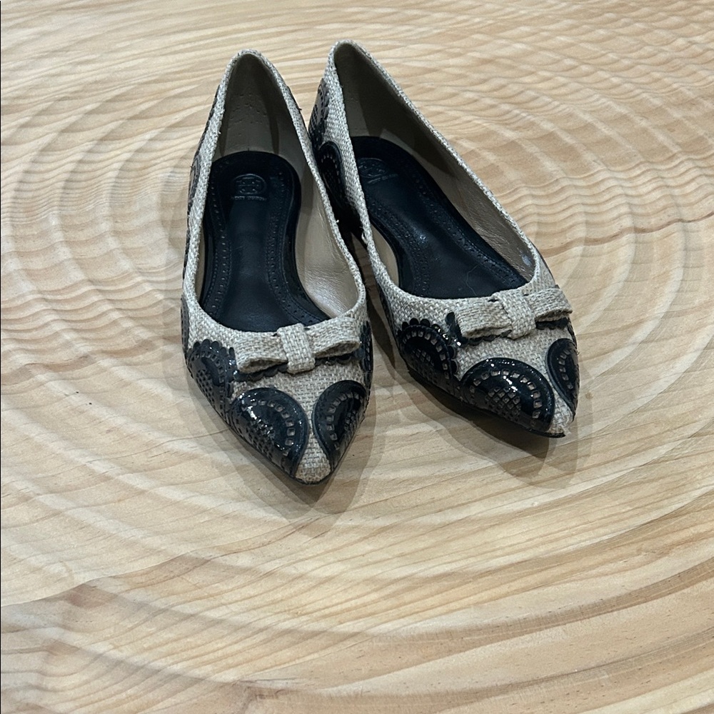 Tory Burch Beige and Black Flats with Bow Detail